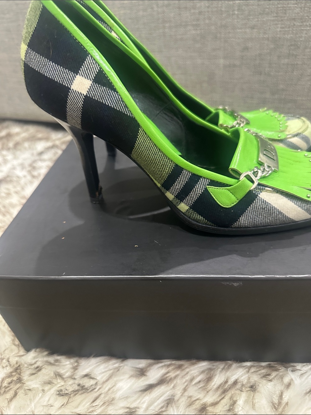 Dior Green Plaid Fringe Chain Loafer Pumps - Picture 4 of 8